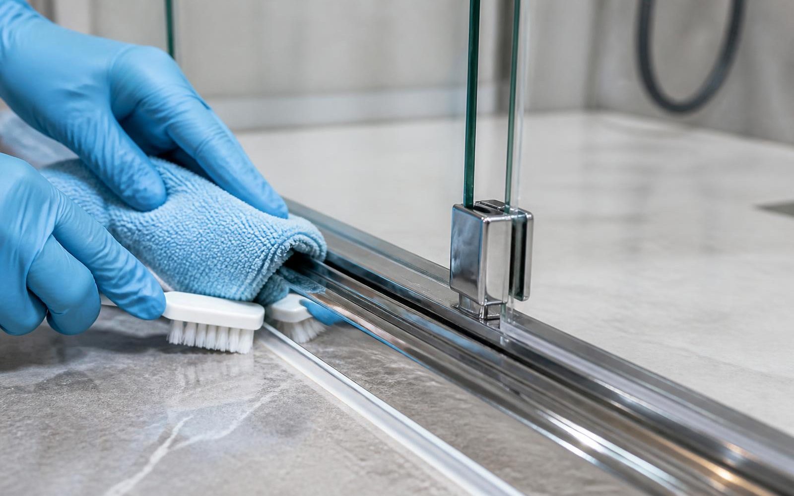 Gloved hands cleaning the bottom track and seal of a frameless glass panel with a microfiber cloth and soft brush