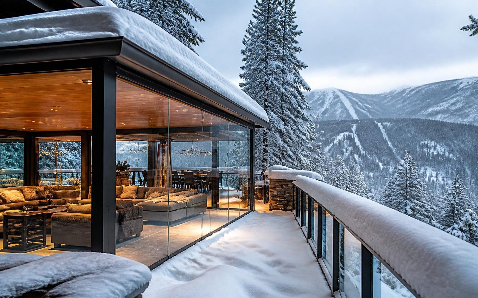 Glass enclosure on a Colorado mountain terrace with snow drifted on the roof and railing above forested slopes