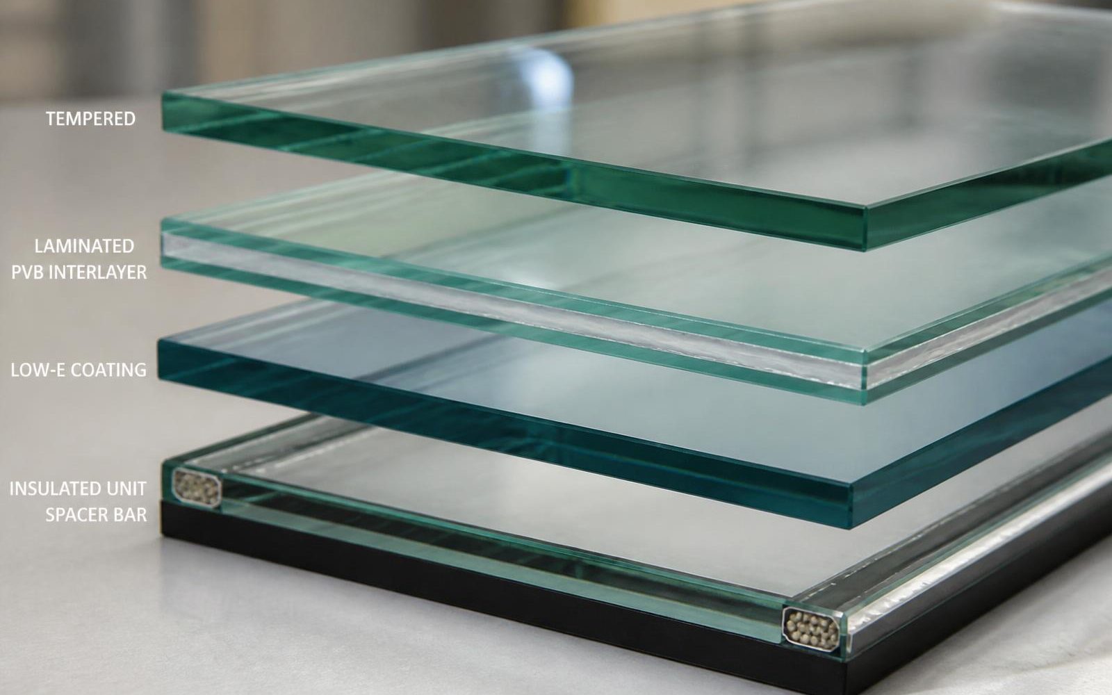Stacked glass samples showing tempered, laminated interlayer, low-E coated and insulated double-glazed edges side by side