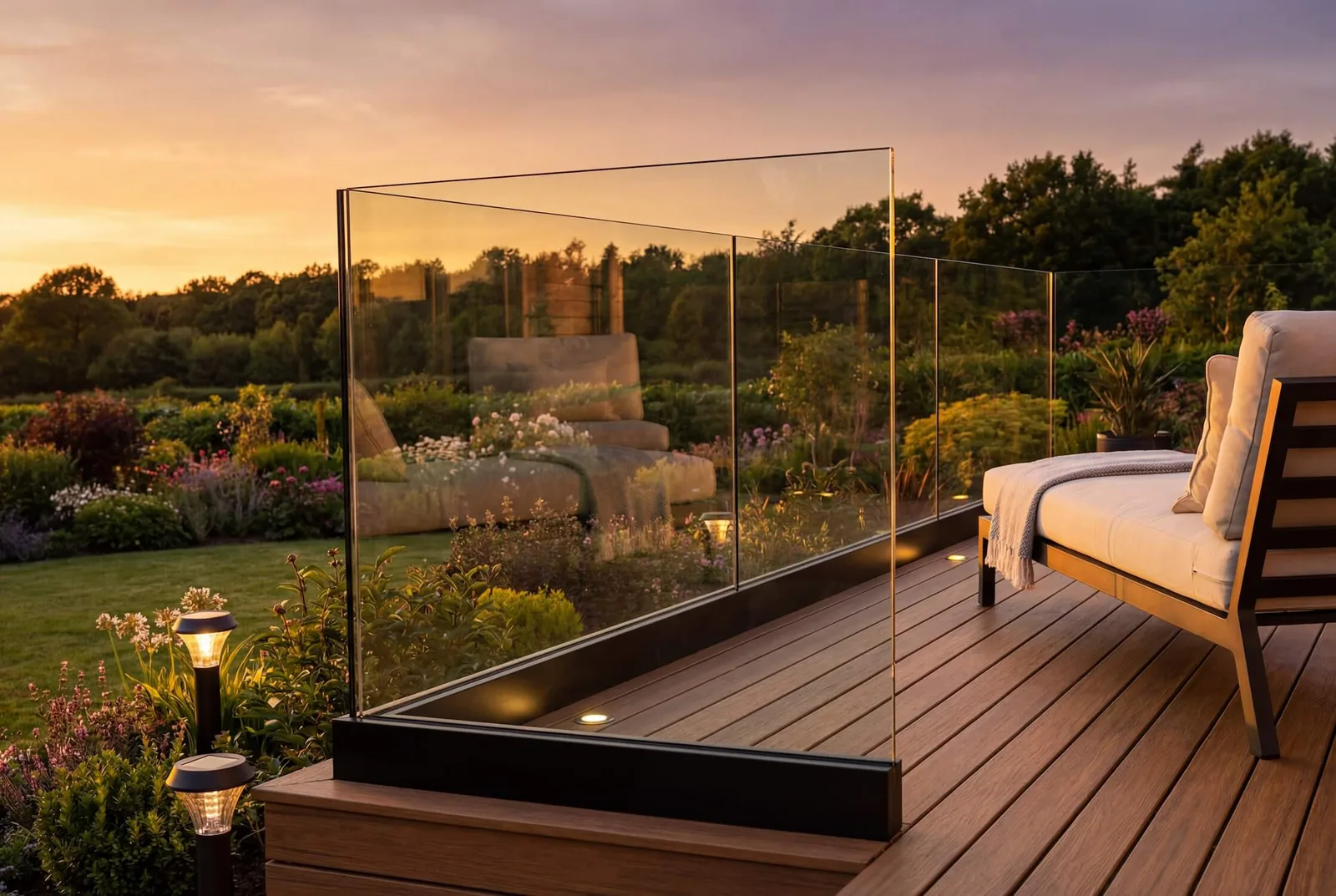 Post-free glass railing in a black base channel framing an open garden view from a deck