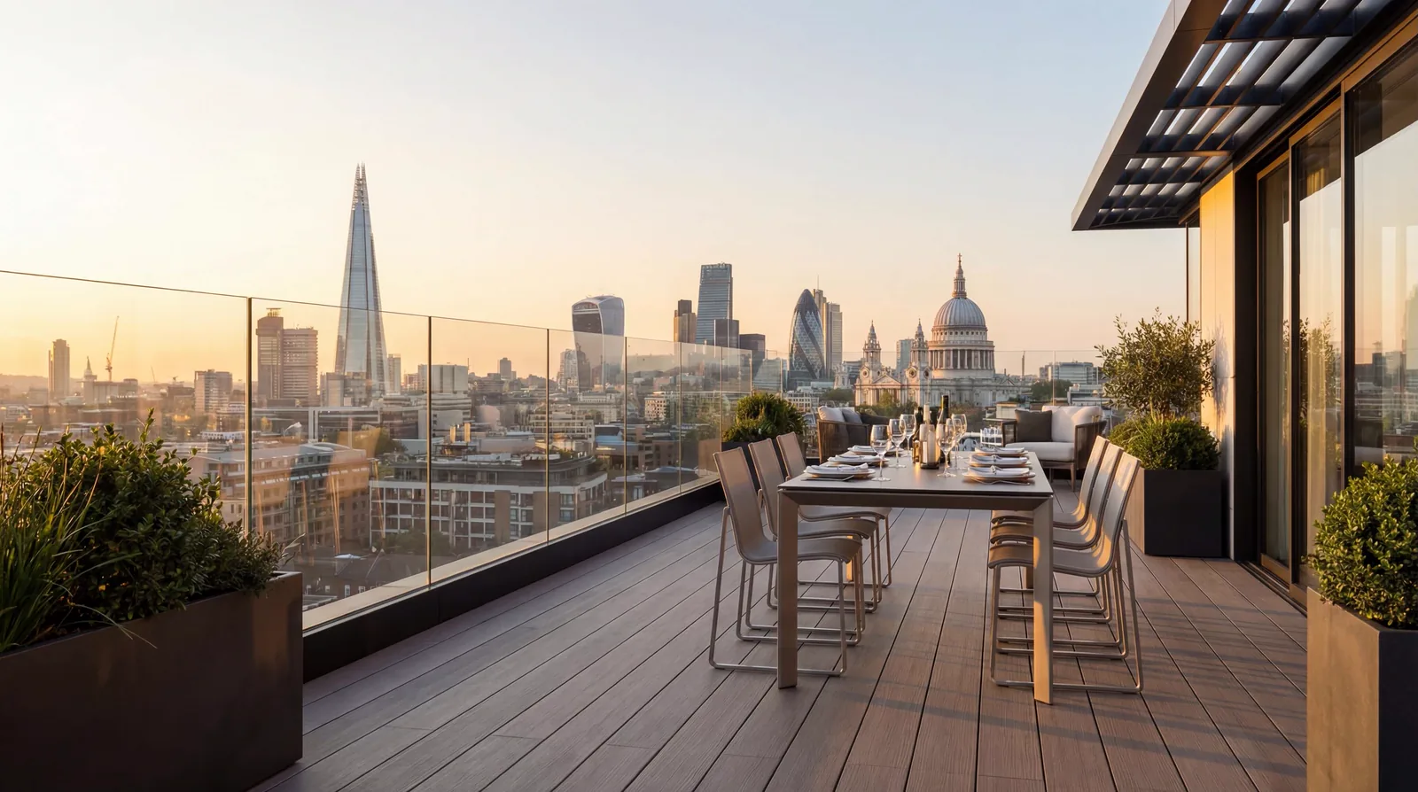 Clear frameless glass balcony railing in a continuous black lower profile overlooking a city skyline