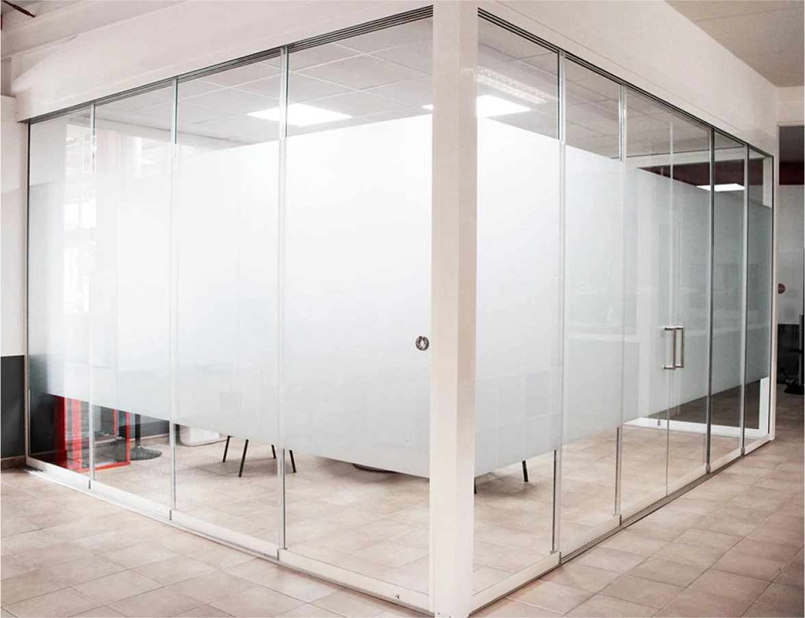 Interior Slide Mini glass partition with privacy bands and a low-profile floor track
