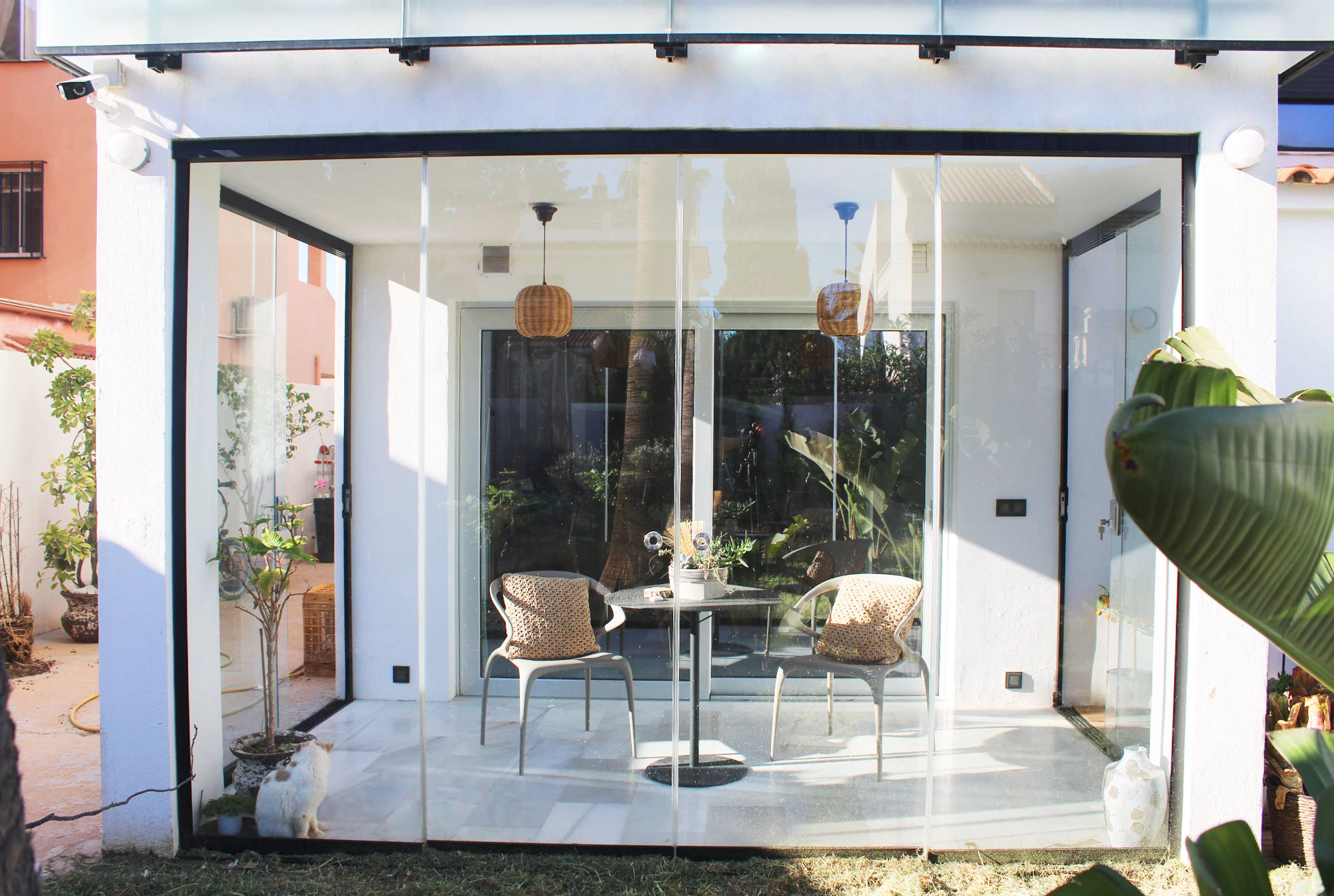 Covered patio glass opening with the sliding panels closed