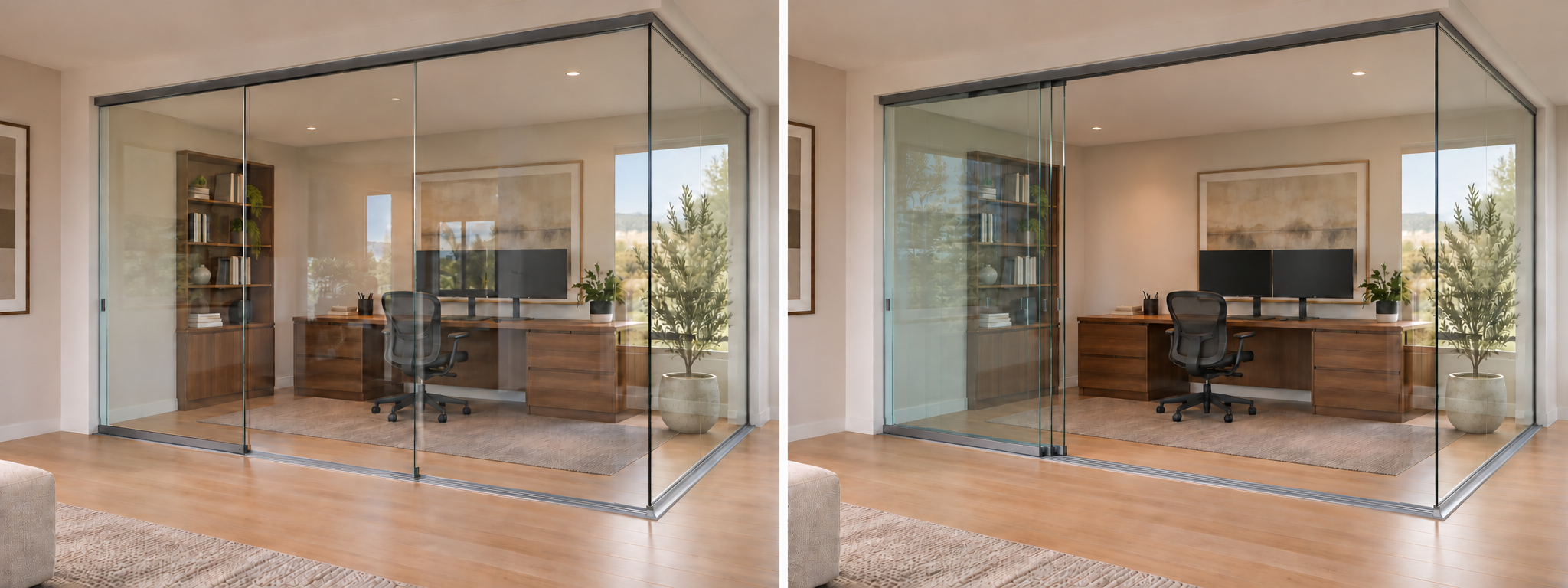 Corner home office design visualization, closed on the left and open on the right, with a fixed right glass return and three front glass panels sliding left in parallel