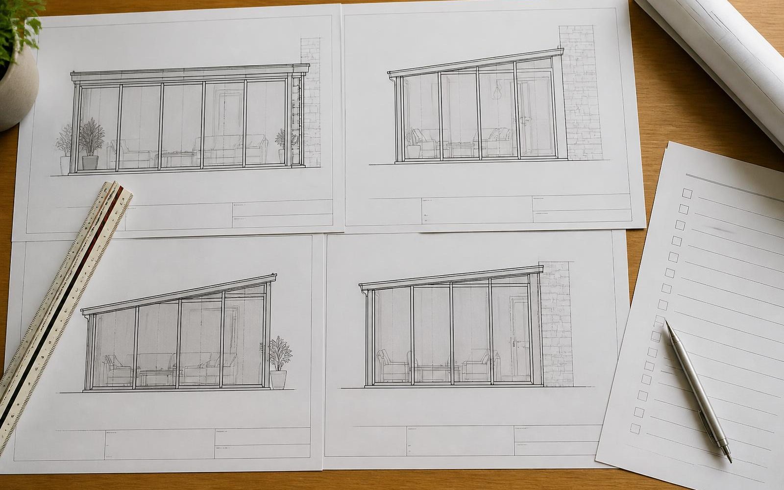 Architectural elevation drawings of a patio glass enclosure laid out on a desk with a scale ruler and a plan review checklist