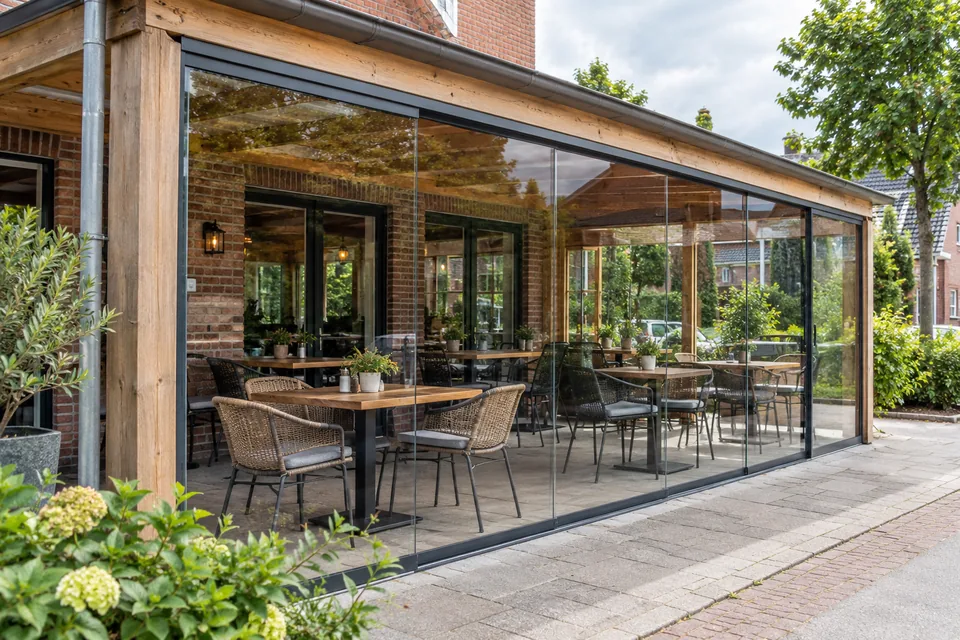 Illustration of a restaurant terrace with frameless glass