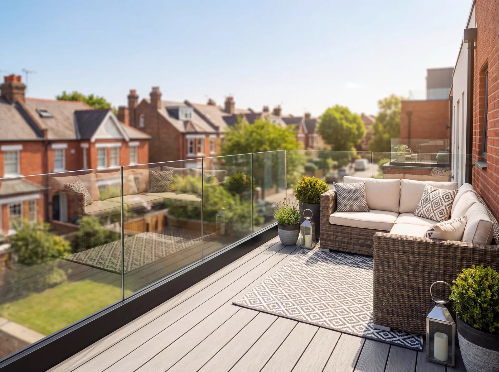 Clear frameless glass railing in a continuous black base channel around an outdoor seating area