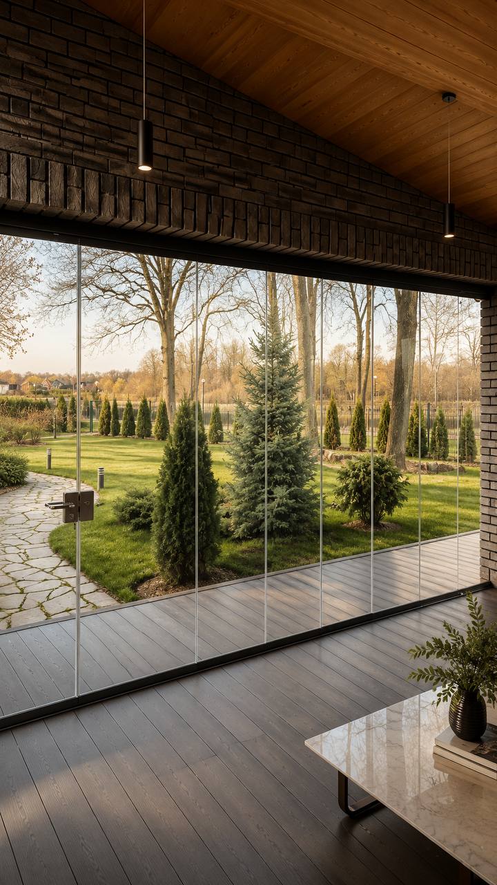 Frameless sliding glass enclosure opening to a Colorado landscape