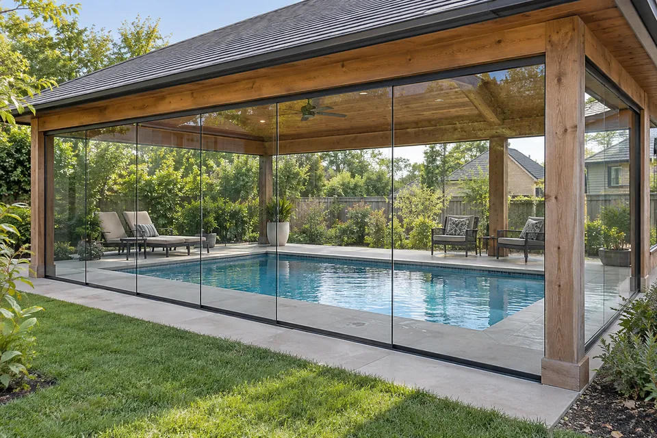 Illustration of a covered pool with frameless glass