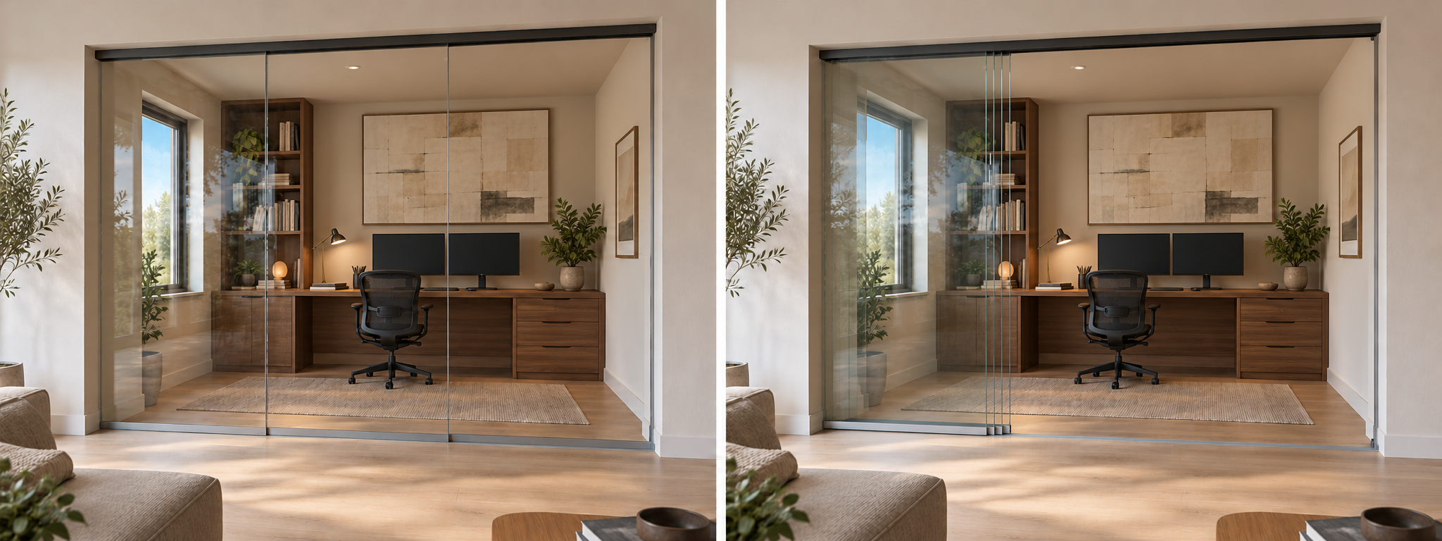 Walnut home office design visualization, closed on the left and open on the right, with parallel sliding glass panels